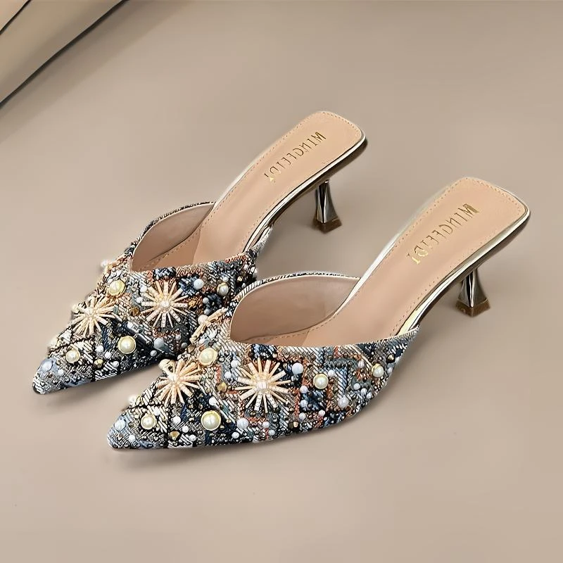 2025年夏新款网红水钻半拖鞋包头凉拖高跟拖鞋女外穿时尚细跟尖头