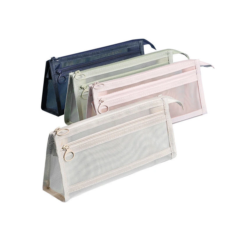 莫兰迪笔袋ins风简约透明网纱双层大容量学生考试拉链文具收纳袋