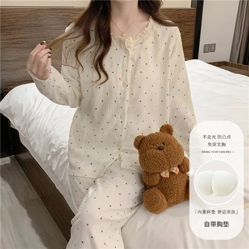 带胸垫睡衣女春秋季薄款长袖云朵棉套装可外穿网红爆款家居服圆点