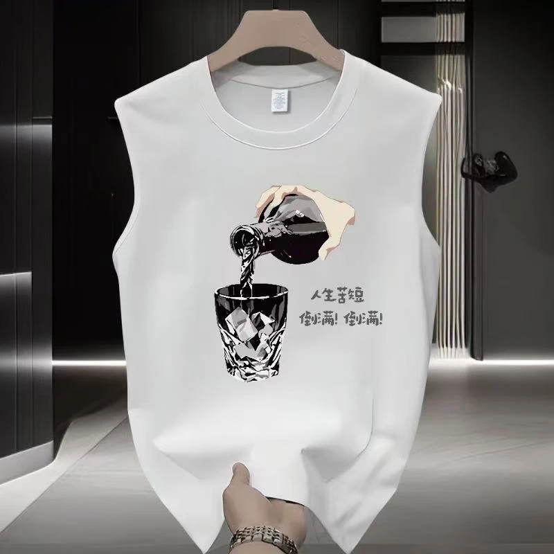 冰块杯倒满 夏季潮牌圆领无袖t恤背心男款美式坎肩印花纯棉上衣