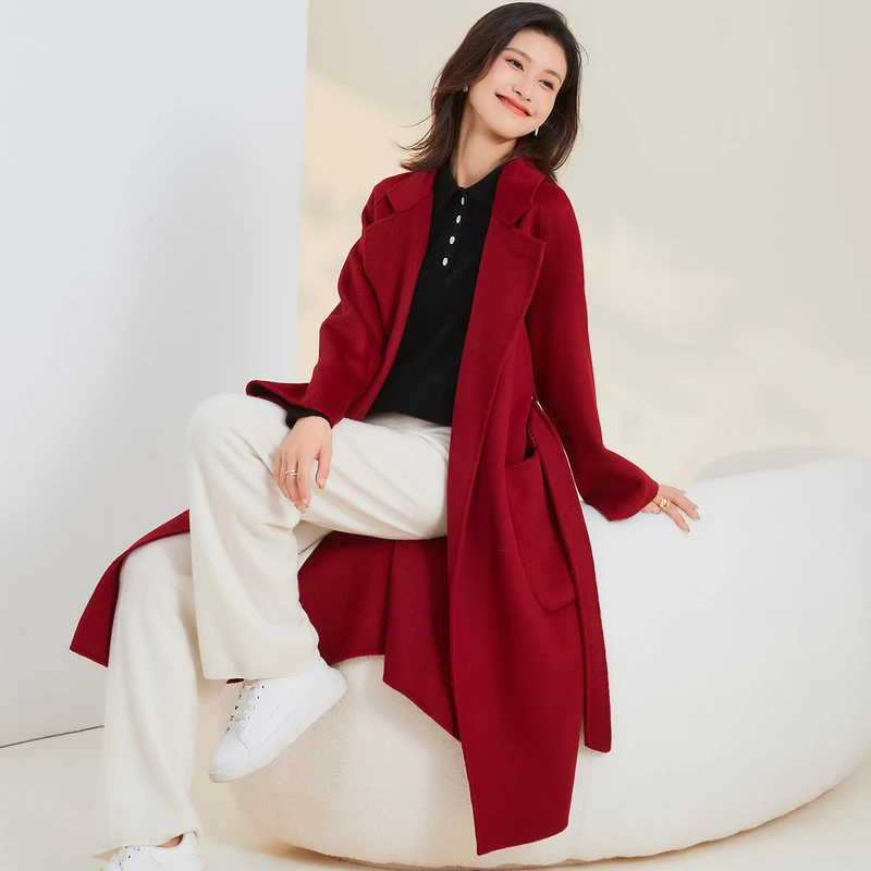 金菊【绵羊毛+含羊绒大衣】 中长款双面呢外套插肩袖时尚女式大衣