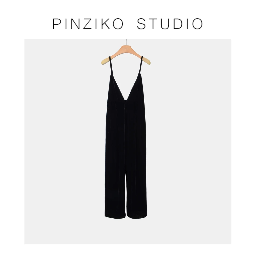 pinziko漫步米兰~流光风高腰丝绒背带裤女黑色法式休闲裤TJF331
