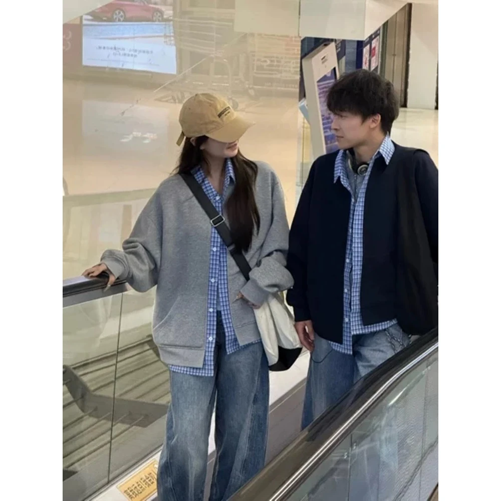 美式假两件格子卫衣男款秋季cleanfit慵懒风情侣款休闲开衫外套男