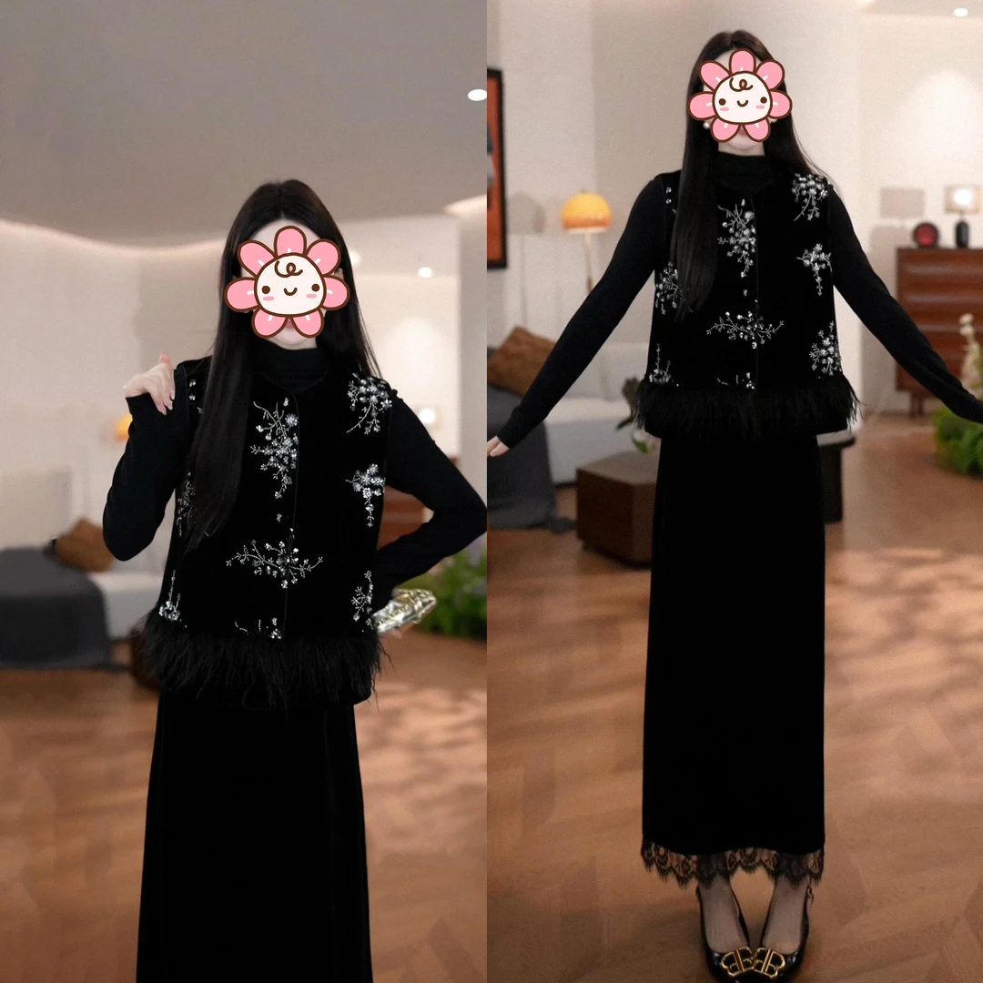 小众炸街高级感女装气质三件套2025秋季新款修身T恤+马甲+半身裙