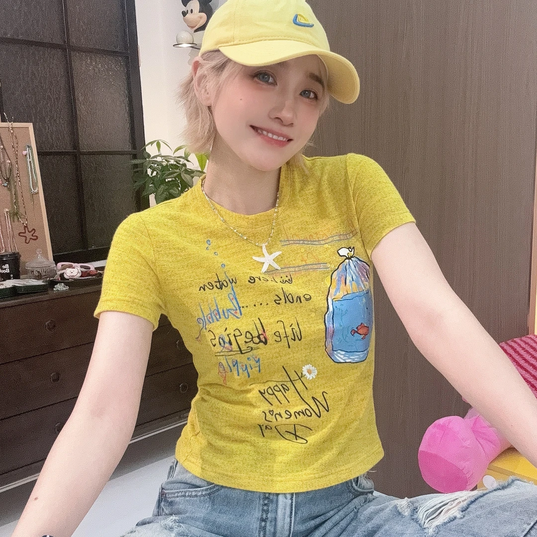 Apr.【小鱼T】彩绘数码印正肩百搭短袖原创小众减龄T恤女夏25ST372