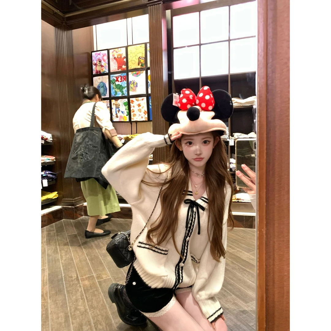 复古甜美学院风海军领oversized系带翻领针织毛衣开衫宽松外套