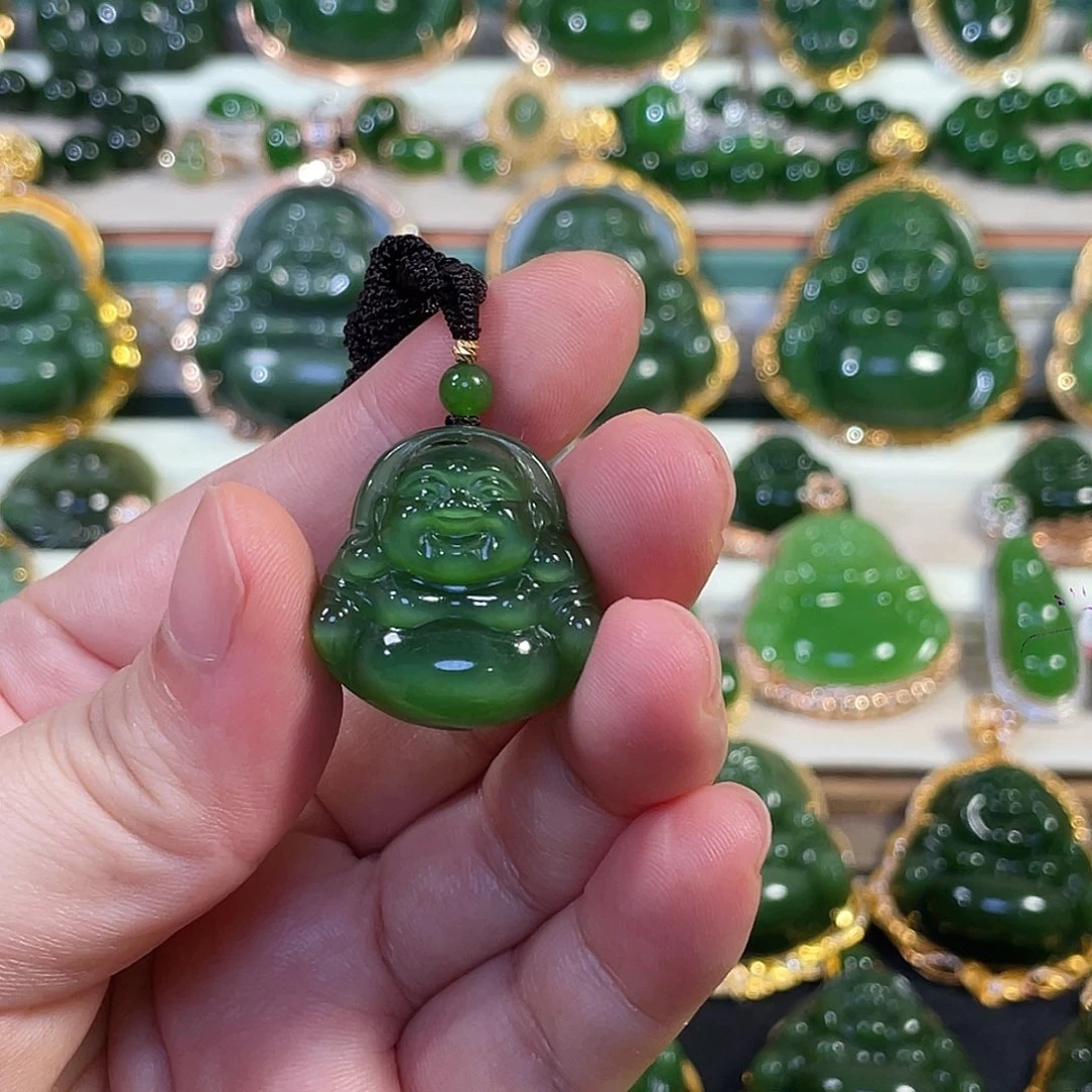 冰***客和田玉（碧玉）18K金镶嵌颈饰阳绿猫眼佛公25mm