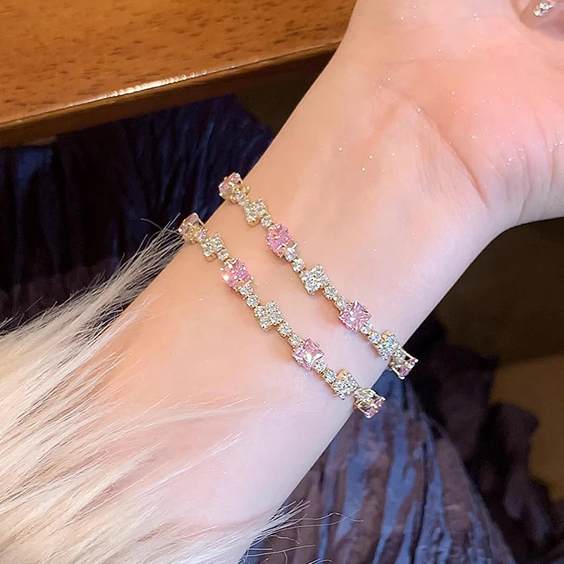 925银手链 春节亮晶晶在逃公主粉色方形锆石手链女生闺蜜手串礼物