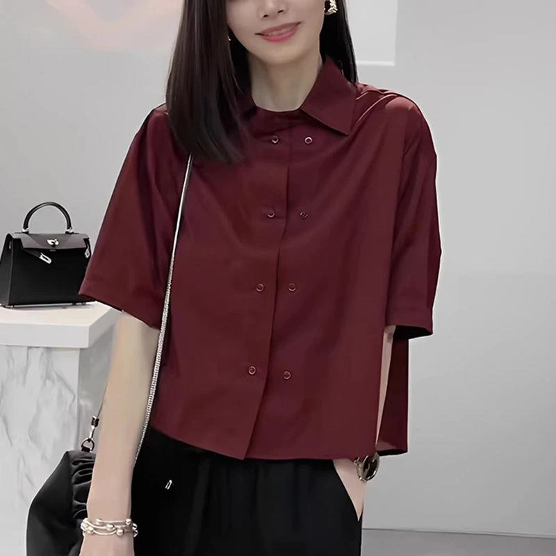 大码设计感不规则酒红色短袖衬衫女夏季新款时髦气质轻薄短款上衣