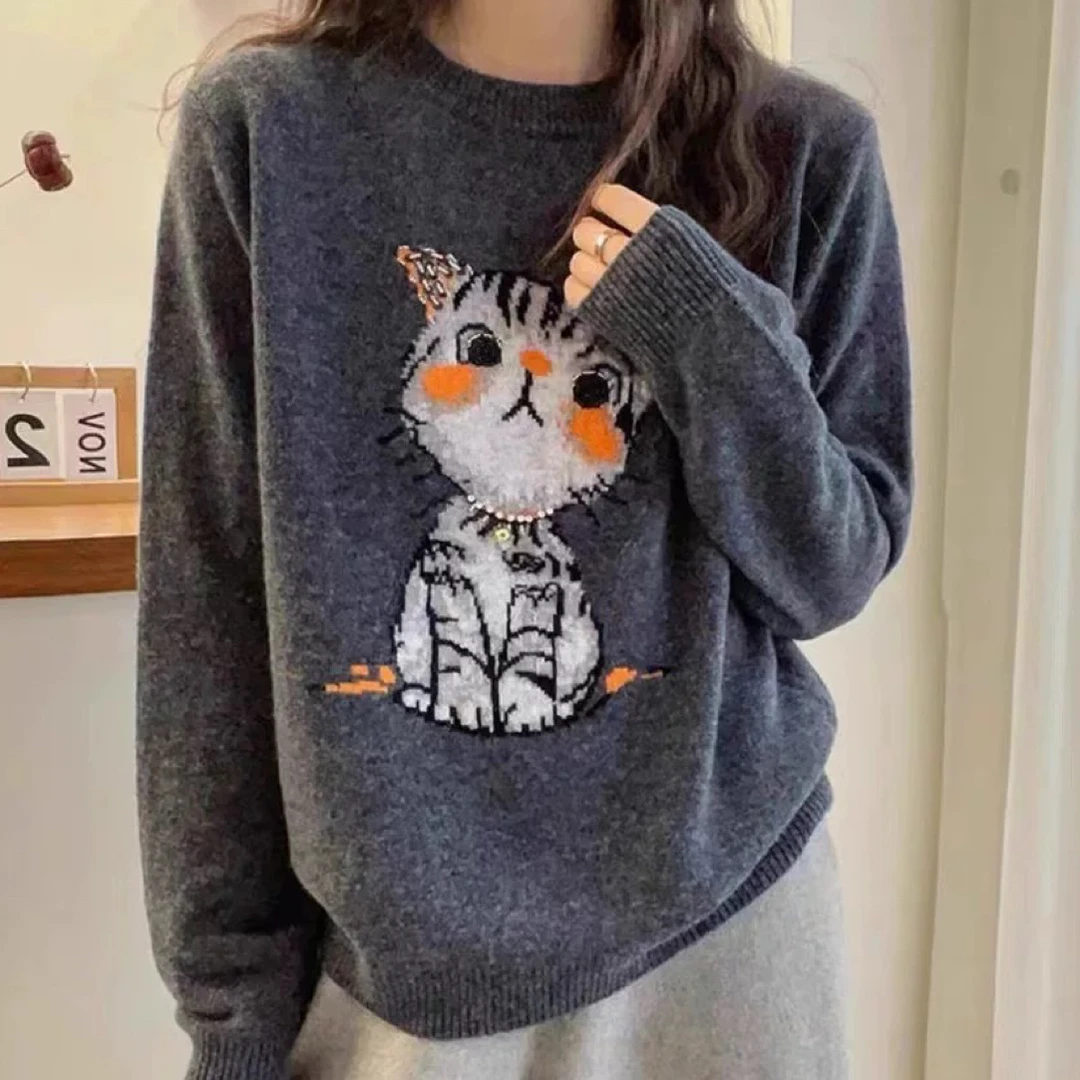 2025 冬 刺绣圆领宽松重工厚款毛衫