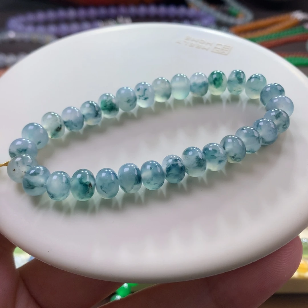 未镶嵌手链翡翠翡翠冰胶底飘蓝花算盘珠卡7.40～8+