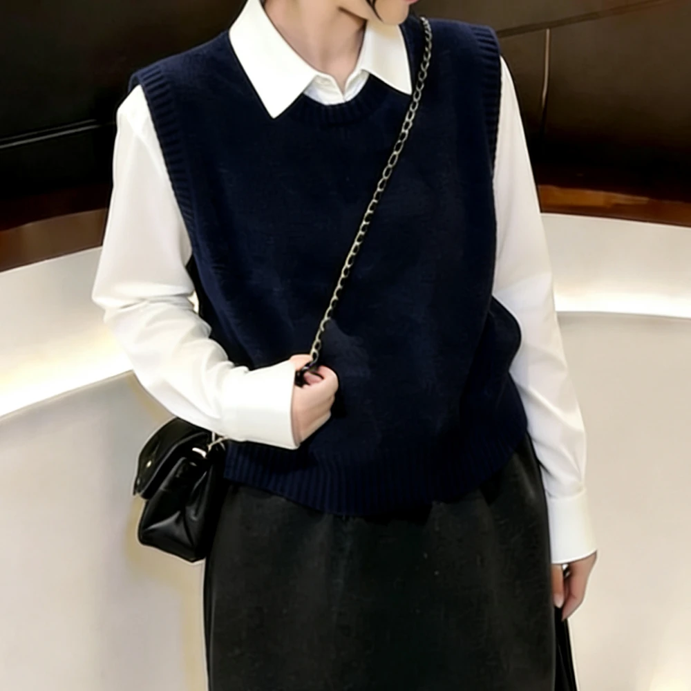 学院风藏青色针织马甲背心+白衬衫套装女春秋无袖毛衣马夹两件套