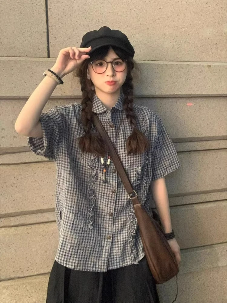 小众设计感衬衫女2025夏新款荷叶边格纹衬衣日系复古宽松上衣外套