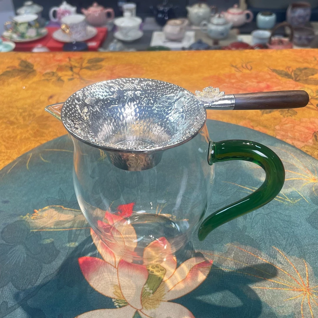 福利 高硼硅玻璃绿色手把鹰嘴口高品质公道赠品鎏银茶漏  q080