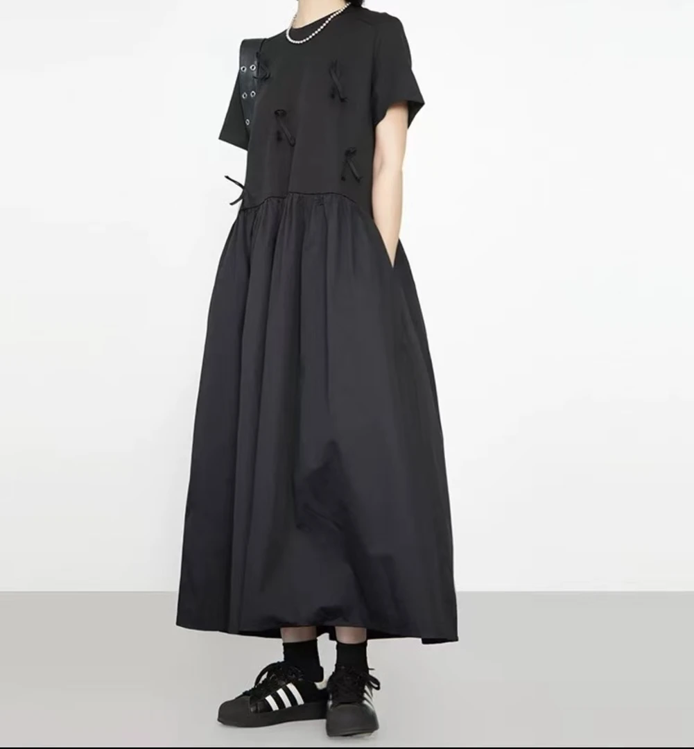 纯色长裙拼接见详情背带款连衣裙通勤短袖常规袖A字裙