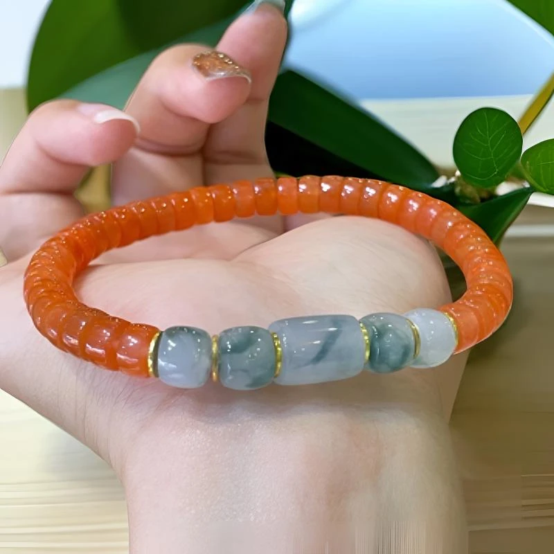 珠吟沧海缅甸翡翠A货冰飘花蓝花同手料加南红珠串一整串出