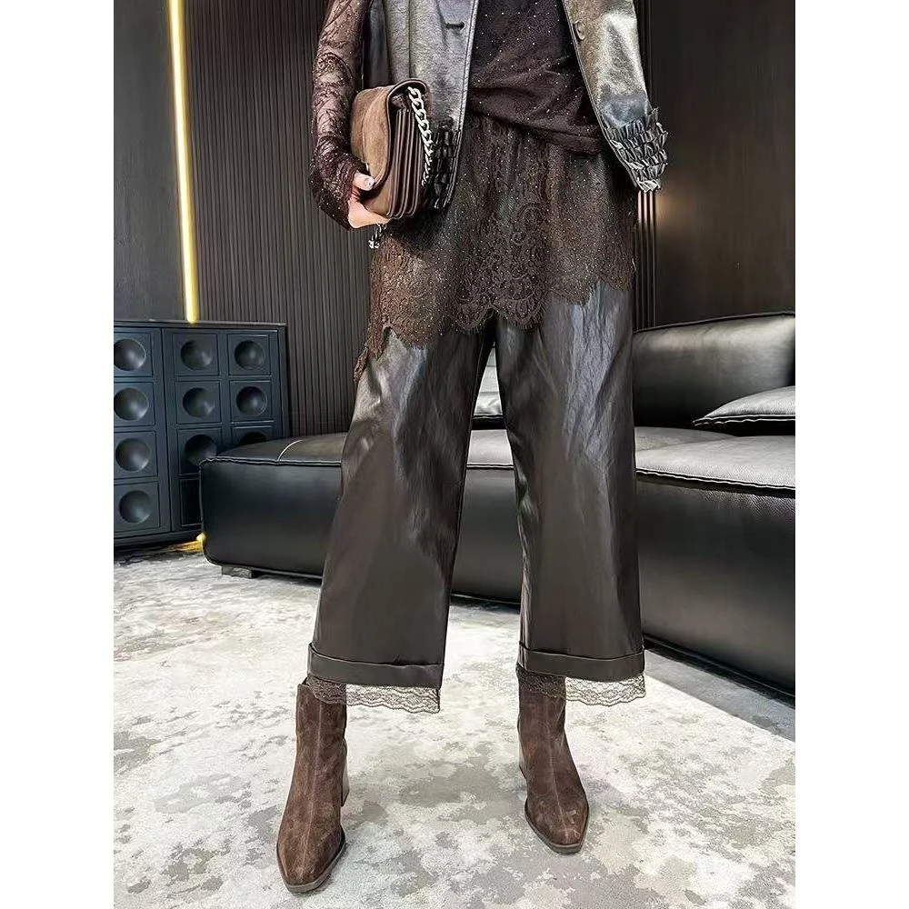 大码2025秋季新款时尚复古蕾丝烫钻蛋白皮九分直筒休闲裤227268