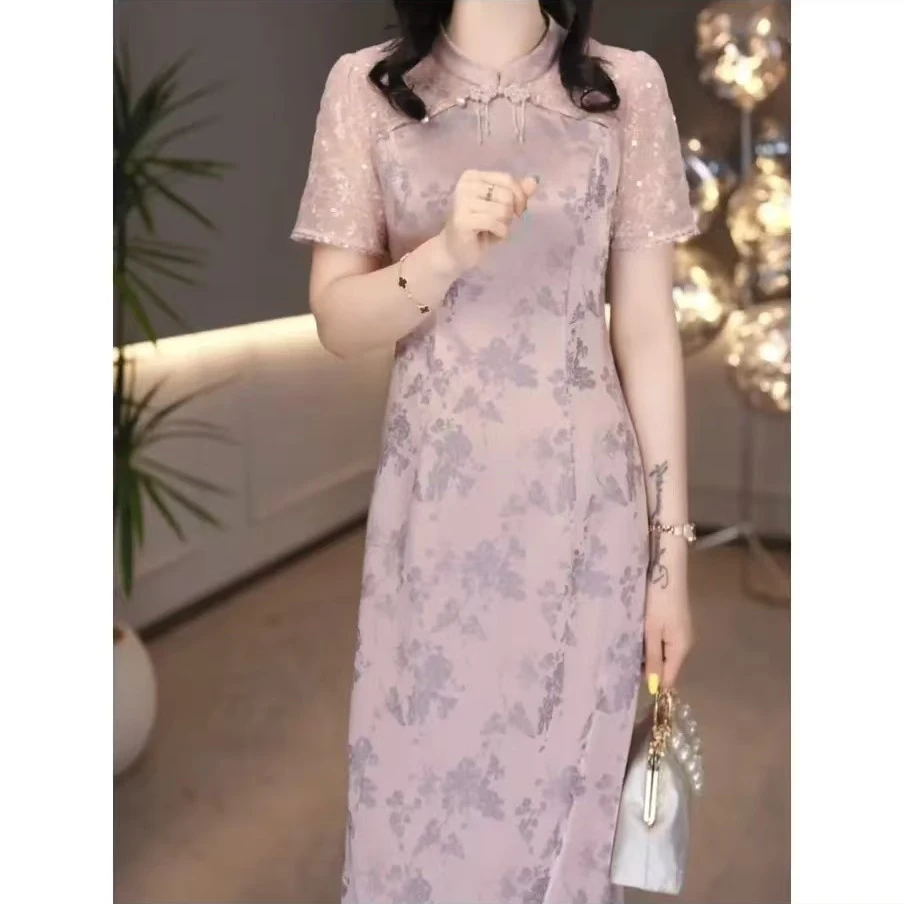 A字裙印花立领短袖植物花卉旗袍提花复古欧若智性风