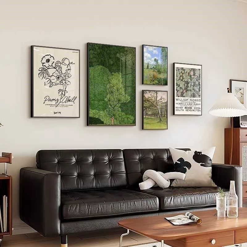 高级感客厅装饰画绿色摄影风景复古艺术沙发背景墙挂画组合