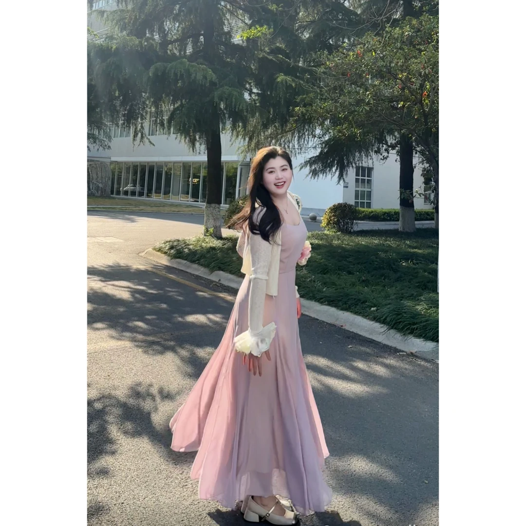 现货【小稳专属】微胖大码春夏显瘦A大裙摆吊带裙+开衫套装5059