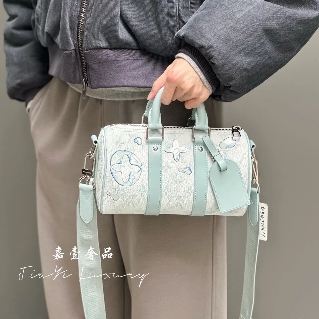 99新 LV 嘉壹(6849)keepall 25 水乐园水墨印花斜挎包浅蓝色