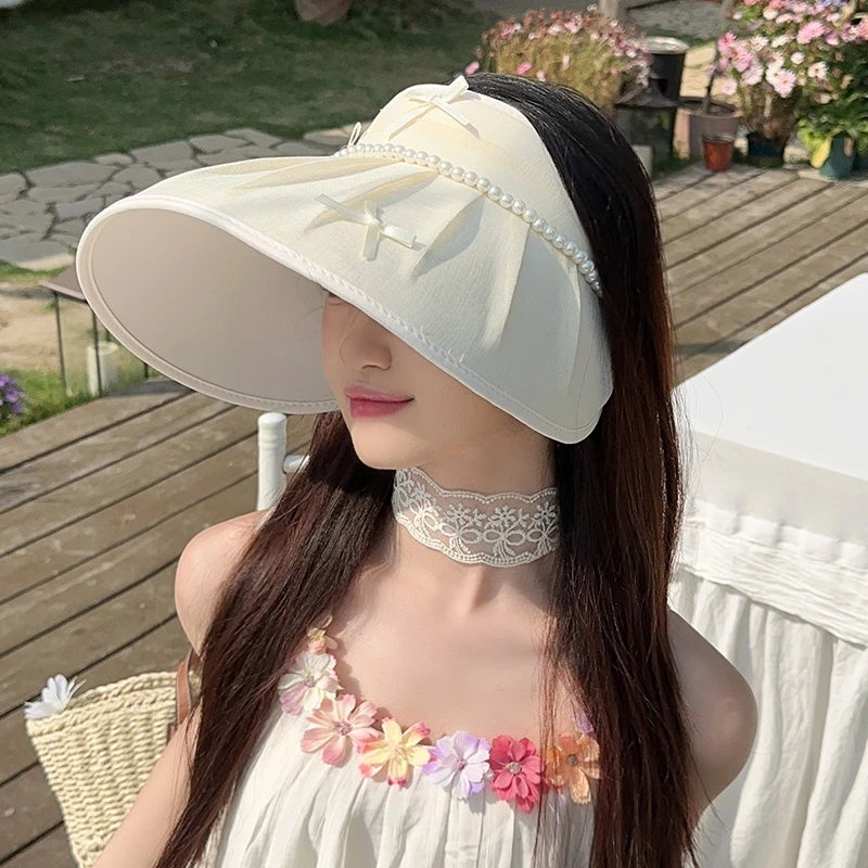 夏季防晒帽子女珍珠蝴蝶结大帽檐遮阳帽韩版时尚小香风空顶太阳帽