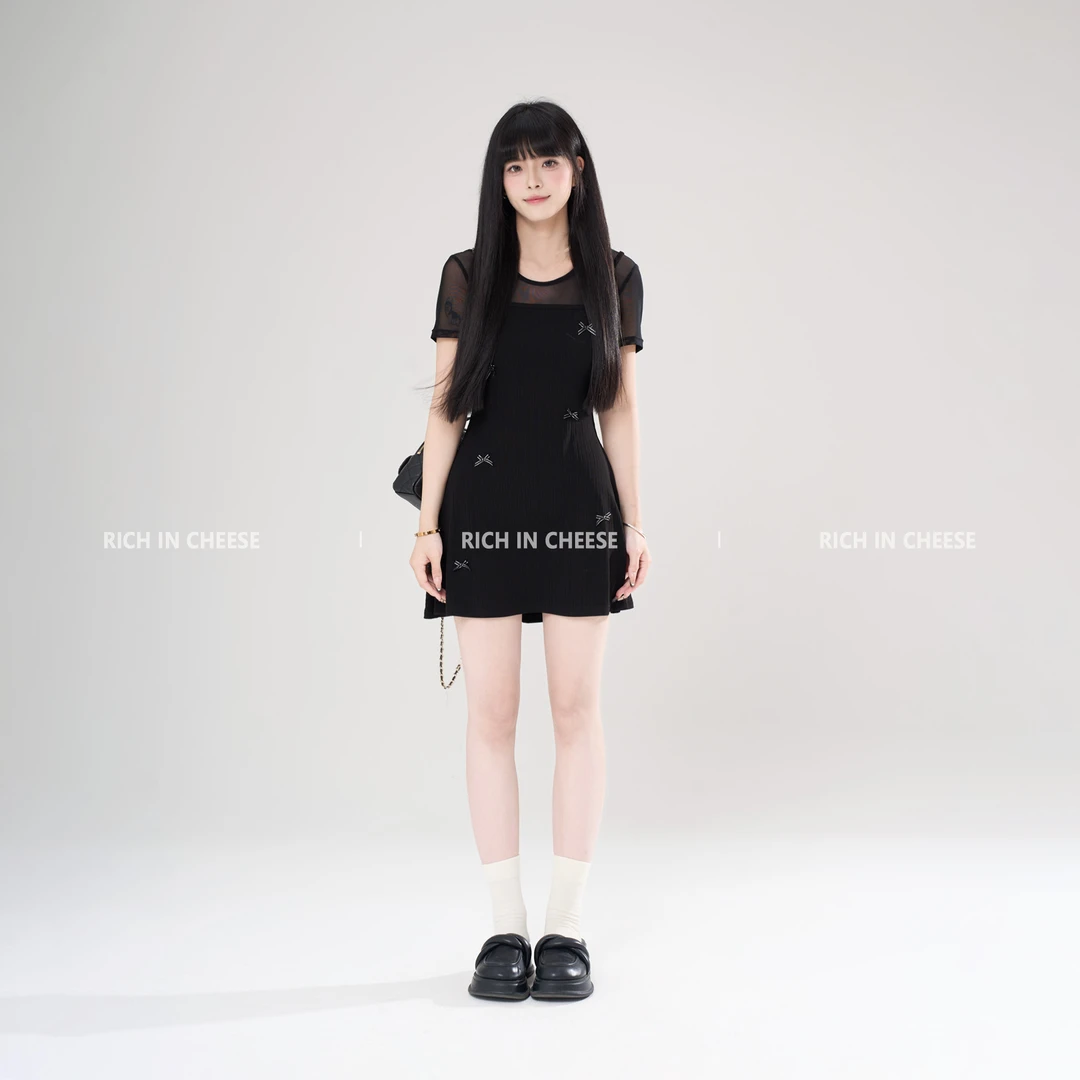 RICHINCHEESE 蓝梦轻吟 蝴蝶结设计感假两件拼接气质网纱连衣裙