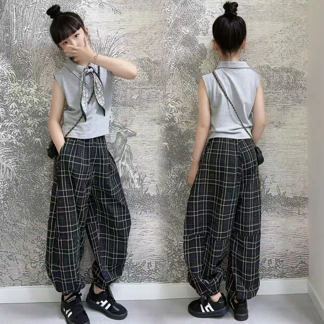 女童潮酷洋气百搭宽松扩版灯笼格子裤中大女孩时尚珠地棉polo衫潮