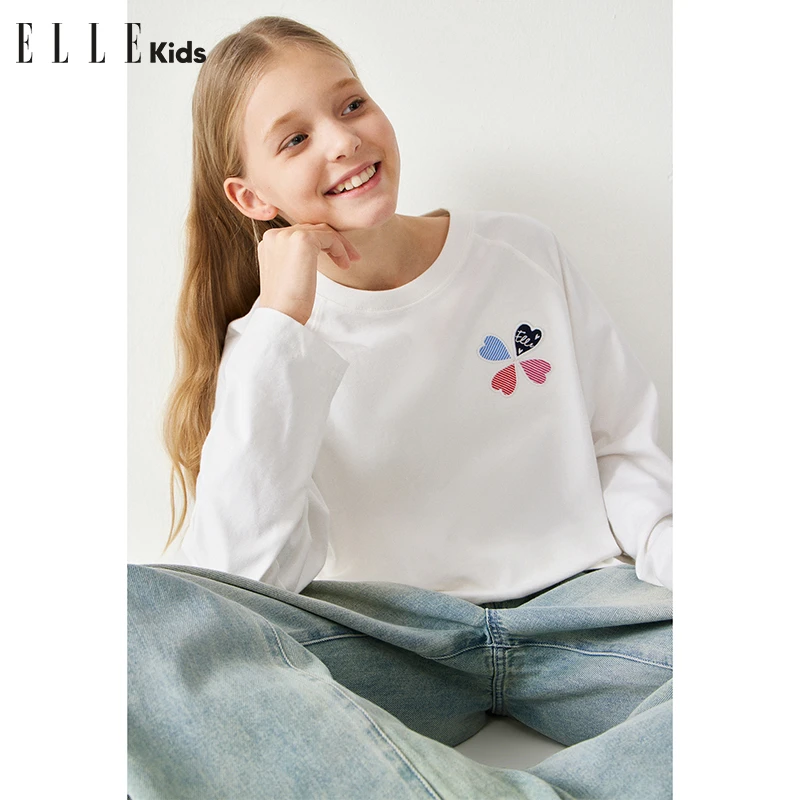 ELLE KIDS插肩袖纯棉绣花长袖T恤女童春装宽松休闲百搭打底衫S1