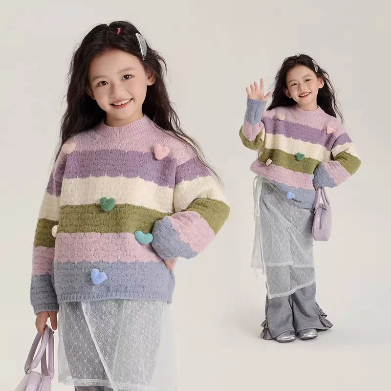 D001 女童儿童秋季加厚条纹洋气圆领套头针织衫毛衣甜美立体重工