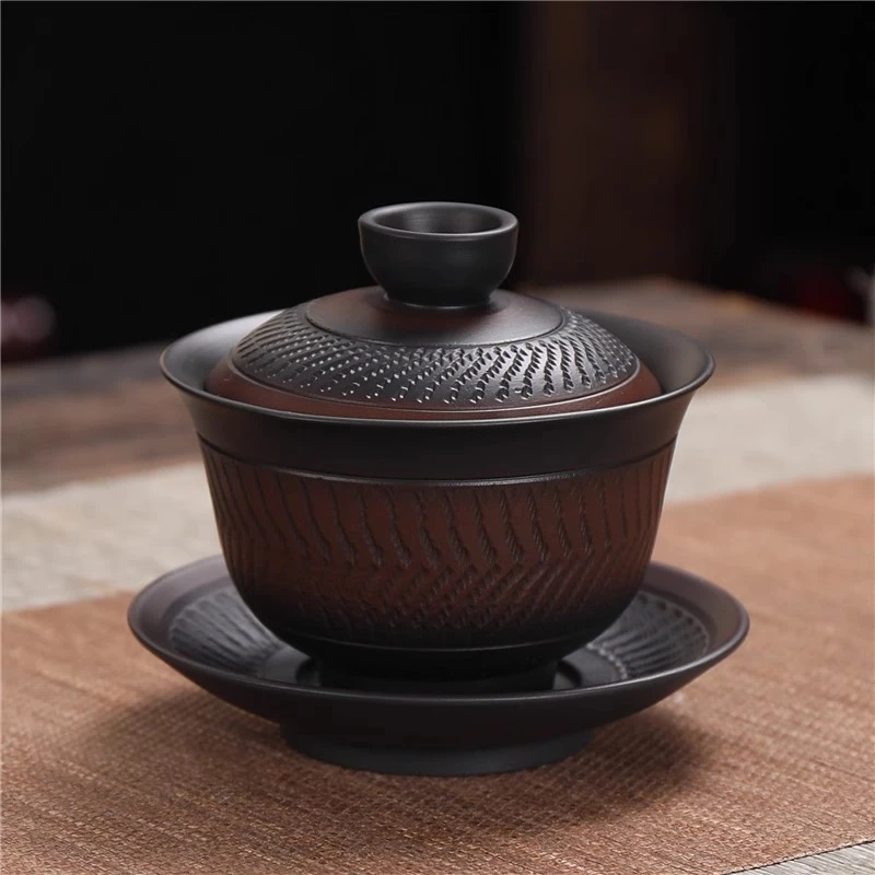 紫陶跳刀三才盖碗茶杯茶碗茶洗高档茶具功夫茶具家用高端纯手工