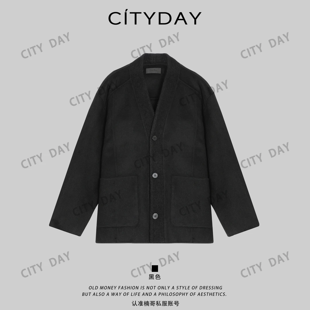CityDay【江冉】精纺超细绵羊毛羊驼毛兔毛混纺开衫双面呢外套 8639