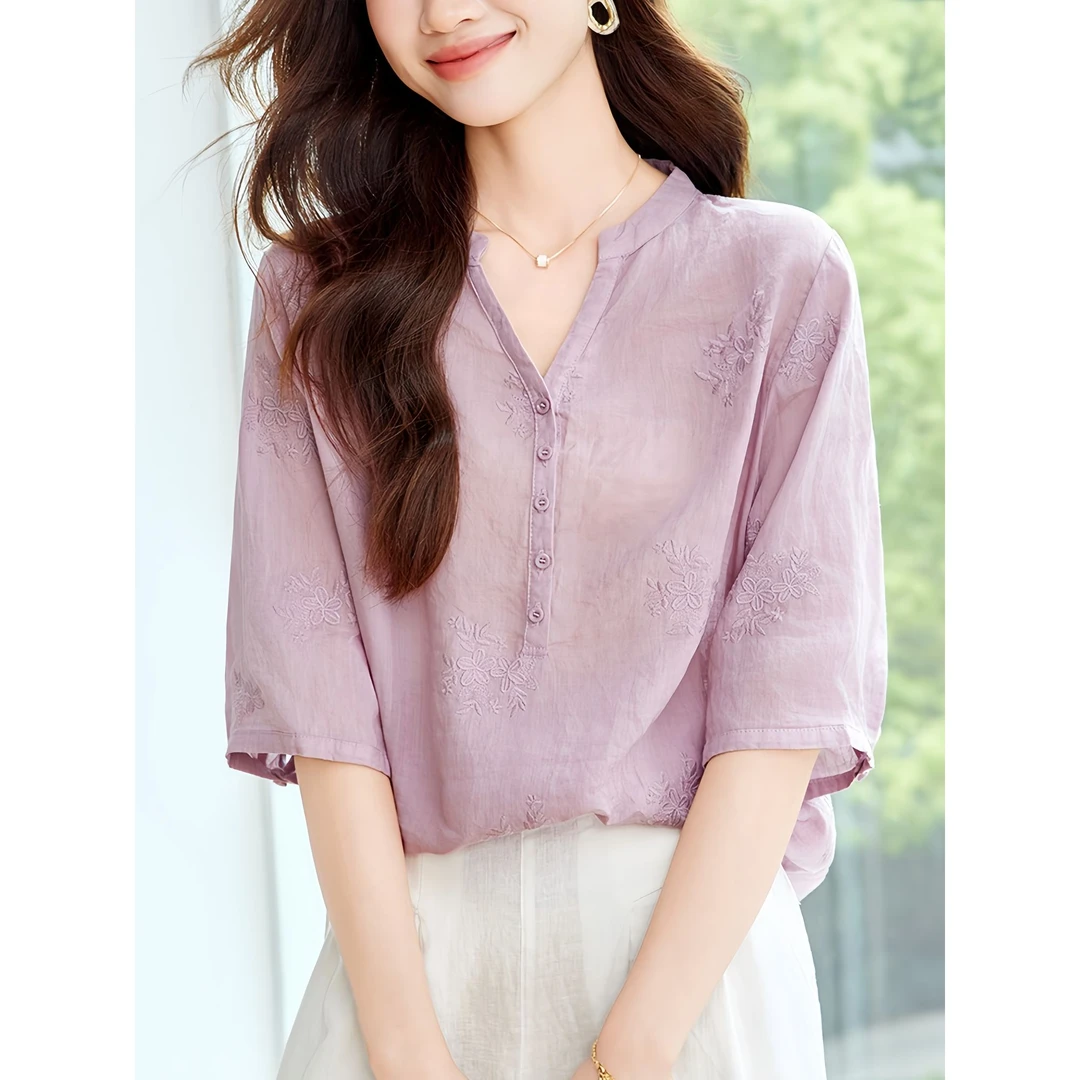 2025夏季新款藕粉色国风刺绣女苎麻衬衫新中式宽松七分袖V领小衫