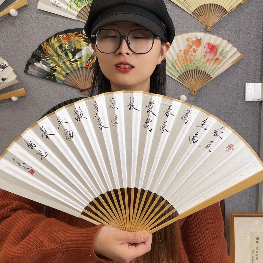 知***止国画95寸玉竹-纯手绘-文玩扇骨（默认粘好）