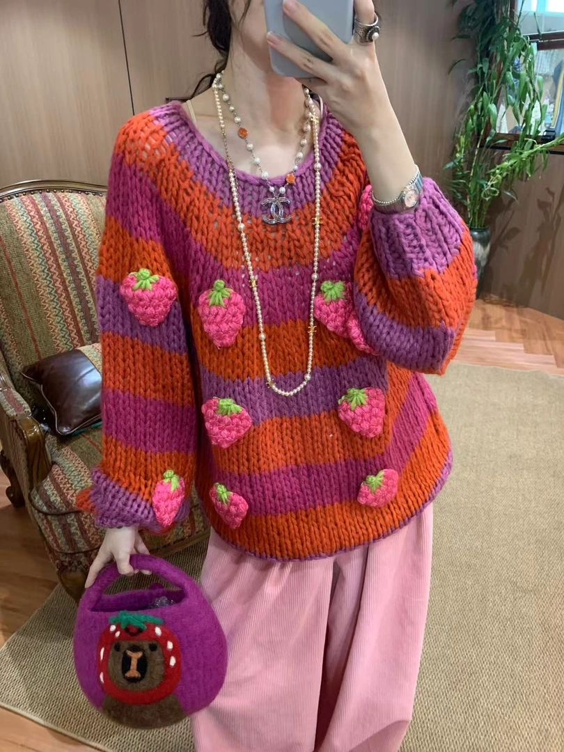 InaChou草莓纯手工立体钩花粗线百搭撞色韩版小众炸街高级感女装