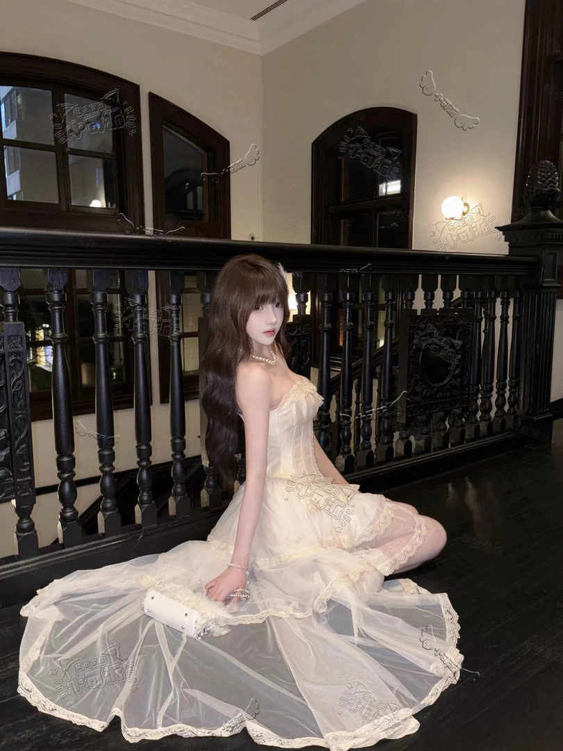 “西洋茶会”复古浪漫修身鱼骨上衣花边网纱收腰半裙