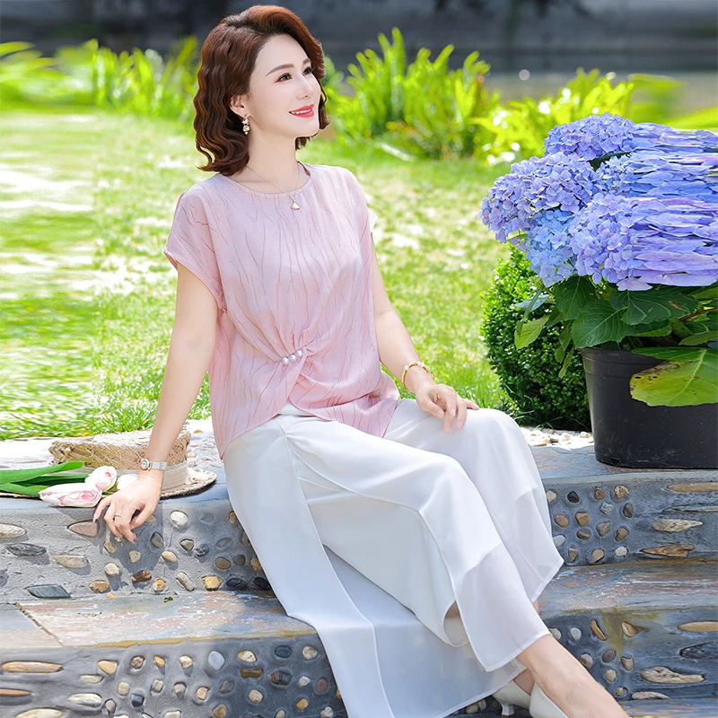 时尚套装中老年妈妈夏装宽松短袖T恤小衫女士阔腿裤两件套上衣服
