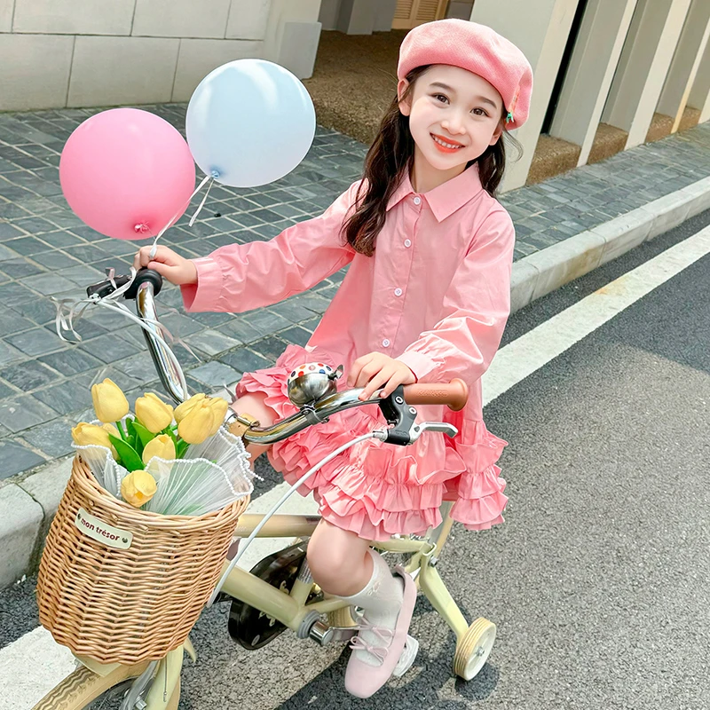 女宝宝春秋花边衬衫裙2024新款小女孩粉色洋气百搭甜美风连衣裙子