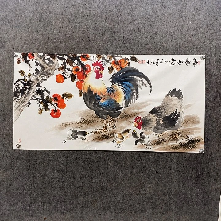 国画华*手绘国画五鸡图