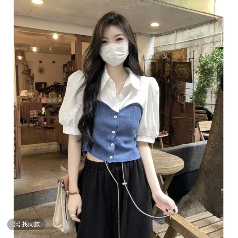 【衣长48】图片与实物不符短袖衬衫女设计感小众