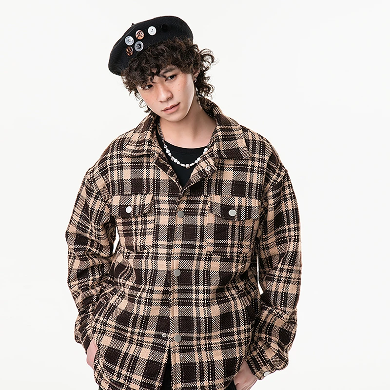 美式复古衬衫男冬季新款宽松小香风情侣外套潮牌翻领休闲格子衬衣