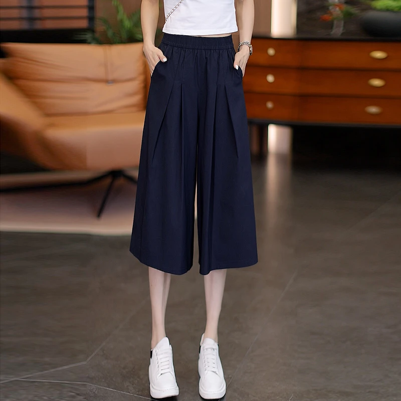 夏季薄款高腰阔腿裤裙裤休闲裤七分裤紧腰中裤黑色宽松外穿裙裤女