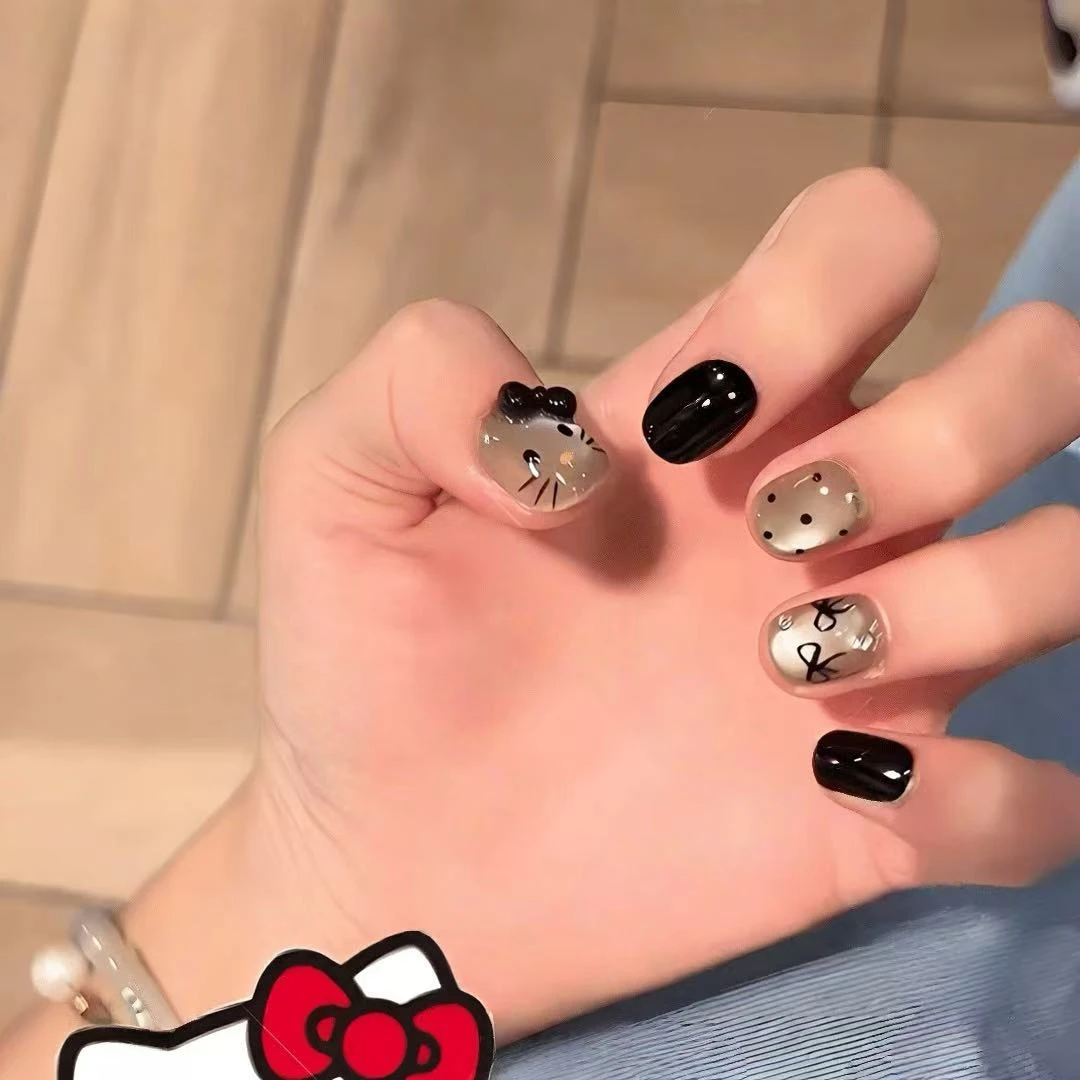 【黑皮Kitty】短款高级超显白猫眼波点猫咪卡通短款精致手工穿戴甲