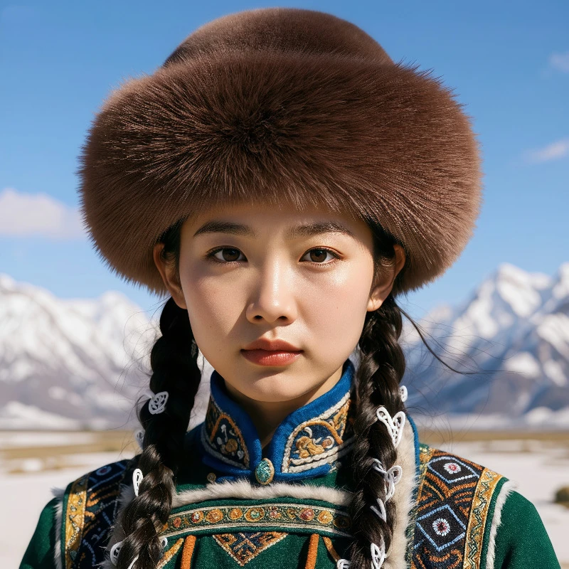 蒙古帽仿皮草毛毛帽子狐狸毛圆顶帽加厚冬东北新款女秋冬保暖棉帽