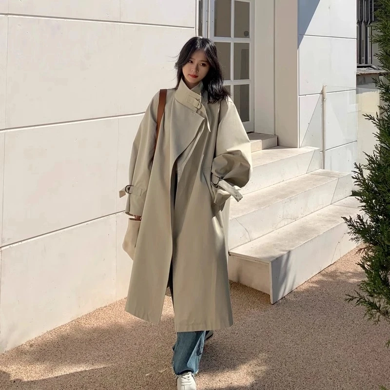 立领风衣女2025秋季新款高级感宽松中长款韩系过膝休闲外套小个子