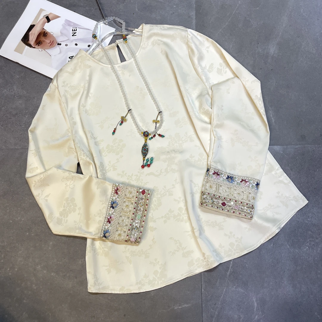 【粉春花】新中式拼接提花醋酸衬衫国风复古高端时尚气质上衣88280