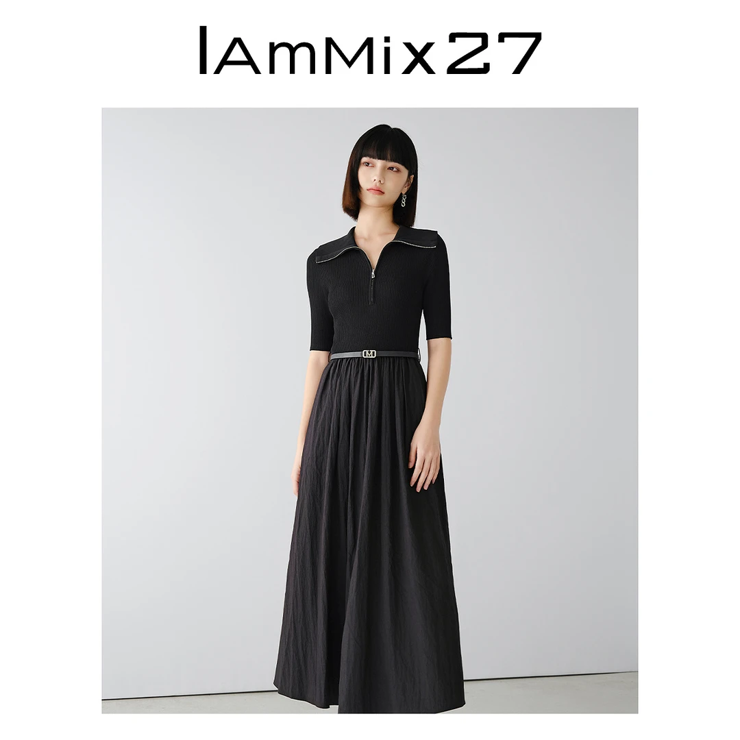 Iammix27假两件套头连衣裙女黑色针织中长款A字连衣裙M4A9016