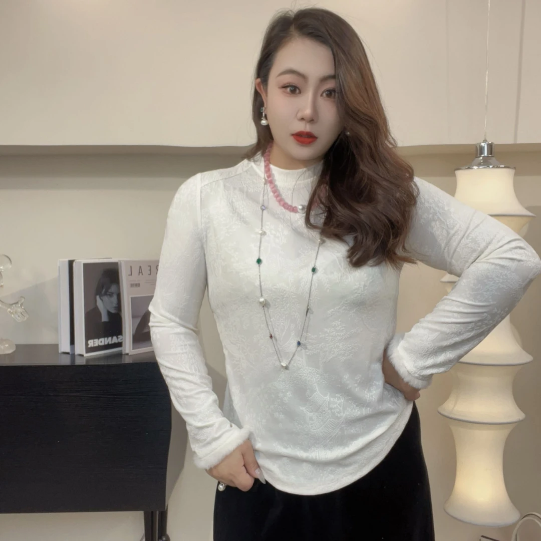 袖口毛暗纹国风图案打底衫长袖时尚显瘦半高领