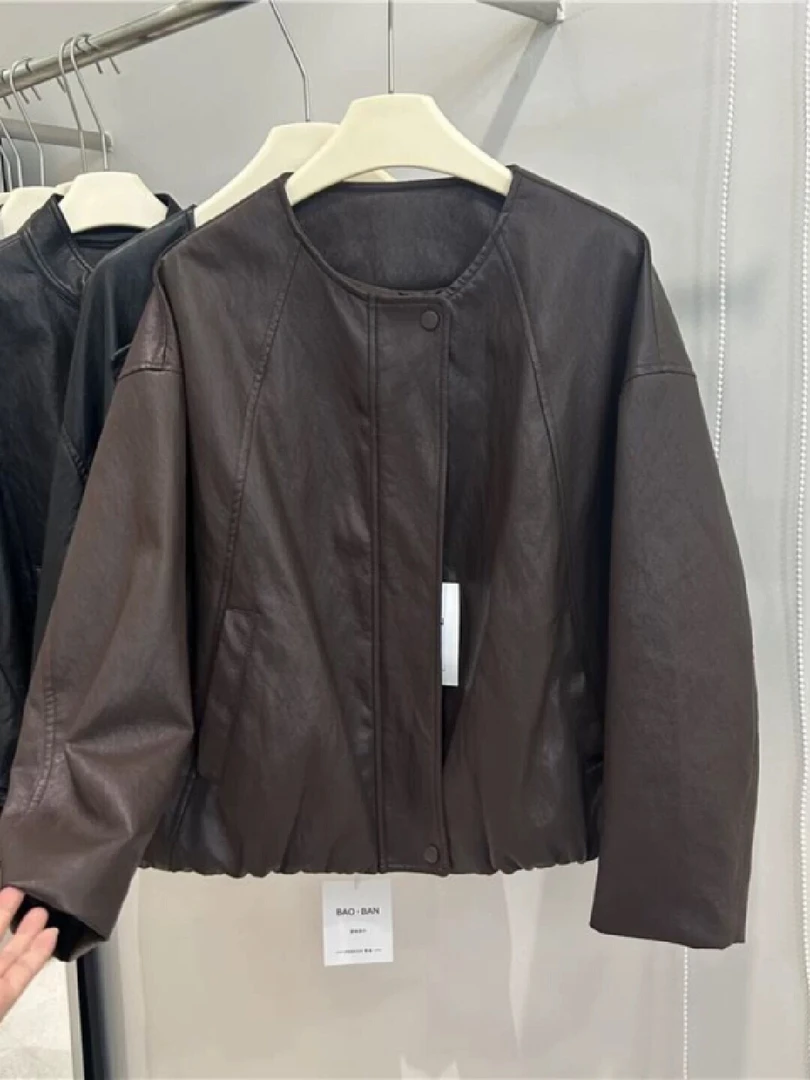 905超软气质减龄休闲短款PU皮外套女圆领蝙蝠袖上衣