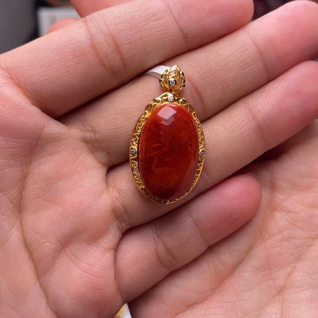【闪购商品】银S925镶嵌火焰纹蛋面吊坠南红玛瑙